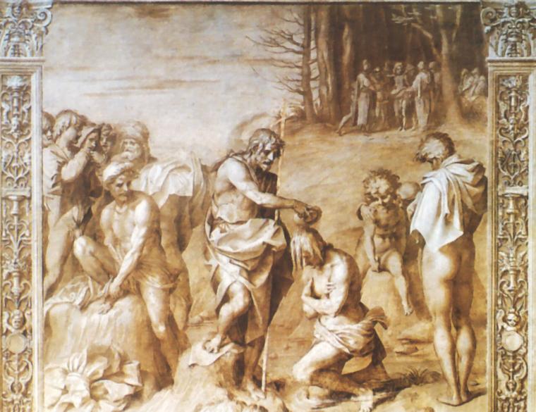 El bautismo de Cristo, fresco en grisalla por Andrea del Sarto